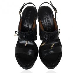 مملوكة مسبقًا Burberry Prorsum Black Leather Fringe Platform Sandals Size 37