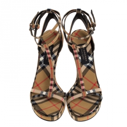 مملوكة مسبقًا Burberry Beige Novacheck Fabric Hans T Strap Sandals Size 37.5