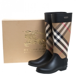 Pre Owned Burberry Black/Beige House Check Fabric And Rubber Clemence Rain Boots Size 36