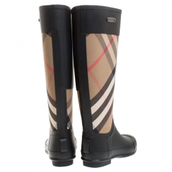 Pre Owned Burberry Black/Beige House Check Fabric And Rubber Clemence Rain Boots Size 36