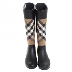 Pre Owned Burberry Black/Beige House Check Fabric And Rubber Clemence Rain Boots Size 36