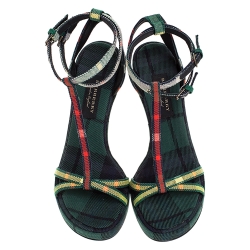 Burberry Green Novacheck Fabric Runway Hans T Strap Sandals Size 37.5