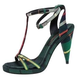 Burberry Green Novacheck Fabric Runway Hans T Strap Sandals Size 37.5