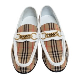 Pre Owned Burberry Beige/White Nova Check Canvas and Leather Moorley Chain Loafers Size 36.5
