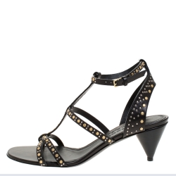 Pre Owned Burberry Black Studded Leather Hansel T Strap Cone Heel Sandals Size 39