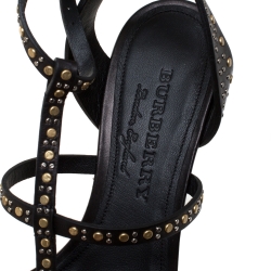 Pre Owned Burberry Black Studded Leather Hansel T Strap Cone Heel Sandals Size 39