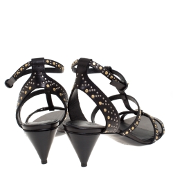 Pre Owned Burberry Black Studded Leather Hansel T Strap Cone Heel Sandals Size 39