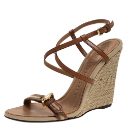 Pre Owned Burberry Brown Canvas and Leather Wyatt Wedge Sandals Size 39