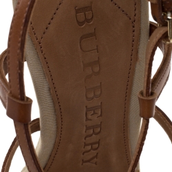 Pre Owned Burberry Brown Canvas and Leather Wyatt Wedge Sandals Size 39