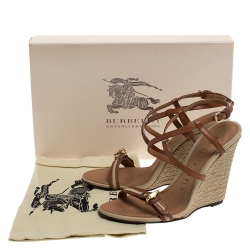 Pre Owned Burberry Brown Canvas and Leather Wyatt Wedge Sandals Size 39
