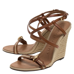 Pre Owned Burberry Brown Canvas and Leather Wyatt Wedge Sandals Size 39