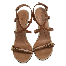 Pre Owned Burberry Brown Canvas and Leather Wyatt Wedge Sandals Size 39