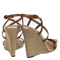 Pre Owned Burberry Brown Canvas and Leather Wyatt Wedge Sandals Size 39