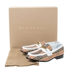 Pre Owned Burberry Beige/White Nova Check Canvas and Leather Moorley Chain Loafers Size 36.5
