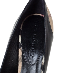 Pre Owned Burberry Black Leather And Nova Check Canvas Bayning Open Toe Pumps Size 37