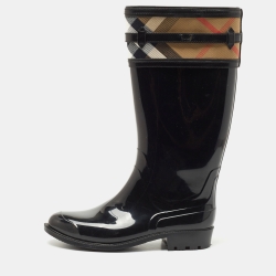 Burberry Black Leather and House Check Canvas Crosshill Rain Boots