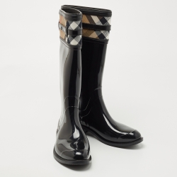 Burberry Black Leather and House Check Canvas  Crosshill Rain Boots Size 39