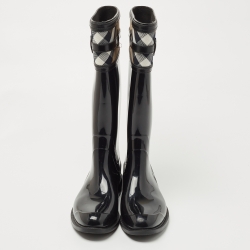Burberry Black Leather and House Check Canvas  Crosshill Rain Boots Size 39