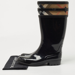 Burberry Black Leather and House Check Canvas  Crosshill Rain Boots Size 39