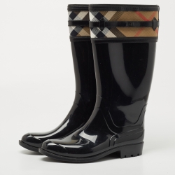 Burberry Black Leather and House Check Canvas  Crosshill Rain Boots Size 39