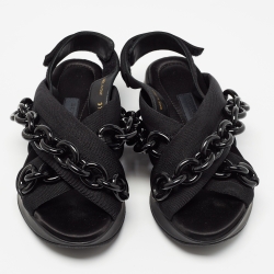 Pre Owned Burberry Black Fabric Chain Detail Flat Sandals Size 37