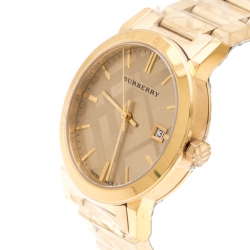 Pre Owned Burberry Gold Check Stamped Gold Plated Stainless Steel The City BU9038 Unisex Wristwatch 38 mm