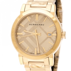 Pre Owned Burberry Gold Check Stamped Gold Plated Stainless Steel The City BU9038 Unisex Wristwatch 38 mm
