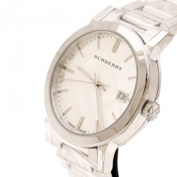 Pre Owned Burberry Silver Check Stamped Stainless Steel The City BU9037 Unisex Wristwatch 38 mm