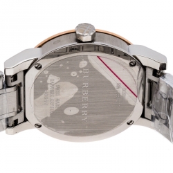Pre Owned Burberry Silver White Two Tone Stainless Steel BU9105 Women's Wristwatch 34 mm