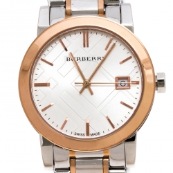 Pre Owned Burberry Silver White Two Tone Stainless Steel BU9105 Women's Wristwatch 34 mm