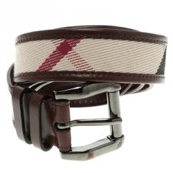 Pre Owned حزام بربري حواف جلد وقماش كاروهات نوفا سوبر بني 100 سم