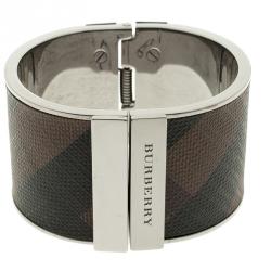 Pre Owned Burberry Coated Canvas Check Wide Cuff Bracelet 17cm