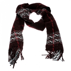 Pre Owned Burberry Burgundy Lurex Jacquard Knit Fringed Muffler