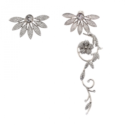 Pre Owned Burberry Half Daisy Crystal Silver Tone Clip-on Asymmetric Stud Drop Earrings