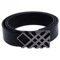 Pre Owned Burberry Black Leather Check Buckle Belt 80CM
