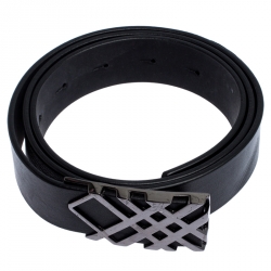 Pre Owned Burberry Black Leather Check Buckle Belt 80CM