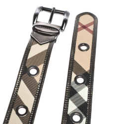 مملوكة مسبقًا Burberry Metallic/Beige Check PVC and Patent Leather Eyelet Buckle Belt 80CM 