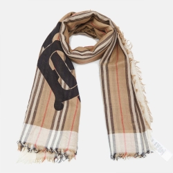Burberry Beige Checked Wool and Silk Fringed Scarf 