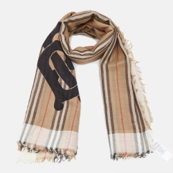 Pre Owned Burberry Beige Checked Wool and Silk Fringed Scarf
