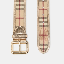 مملوكة مسبقًا Burberry Beige/Gold Haymarket Check PVC and Leather Buckle Belt 80CM