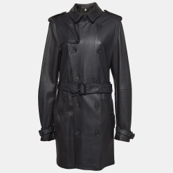 Navy Blue Leather Belted Trench Coat