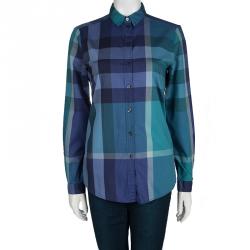 مملوكة مسبقًا قميص بربري كاروهات أزرق بأكمام طويلة أزرار أمامية S