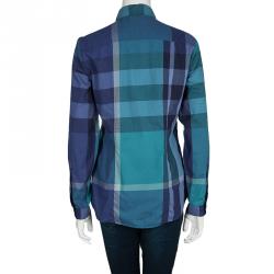 مملوكة مسبقًا قميص بربري كاروهات أزرق بأكمام طويلة أزرار أمامية S
