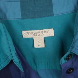 مملوكة مسبقًا قميص بربري كاروهات أزرق بأكمام طويلة أزرار أمامية S