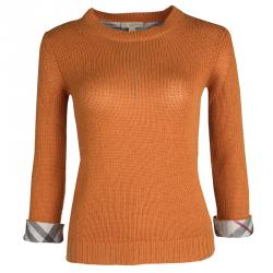 Pre Owned Burberry Brit Orange Wool Cashmere Novacheck Cuff Detail Sweater XS