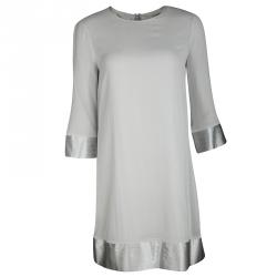 Pre Owned Burberry London Pale Grey Silk Pleated Satin Trim Shift Dress S