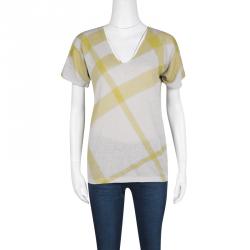 Pre Owned Burberry Brit Grey and Mustard Yellow Checked Knit Top M
