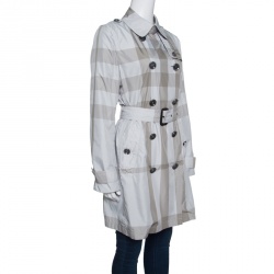 Pre Owned معطف بربري رصاصي كاروهات بصفين أزرار وحزام M