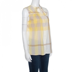 Pre Owned Burberry Brit Multicolor Checked Cotton Neck Tie Detail Sleeveless Blouse L