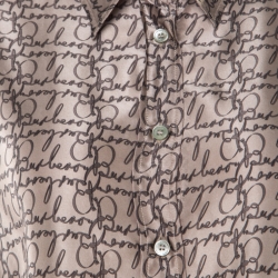 Pre Owned قميص بربري لند حرير بيج بالشعار المطبوع أكمام طويلة أزرار أمامية XL